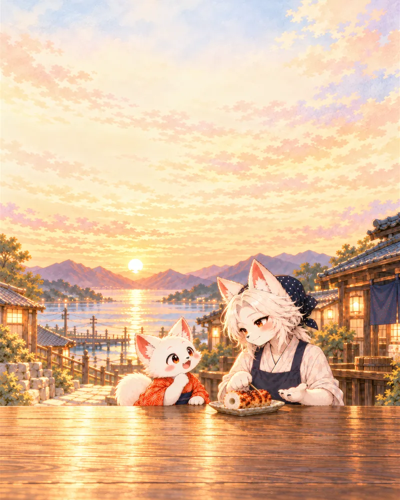 夕方の港町の店先で、焼きたての野焼きを前に話すかおりとけーぞー