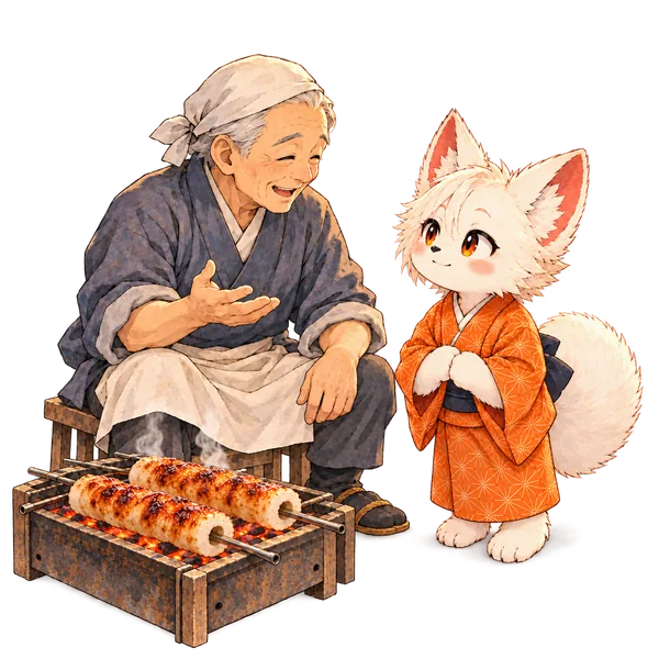 年配の店主の話を、うなずきながら聞くけーぞー