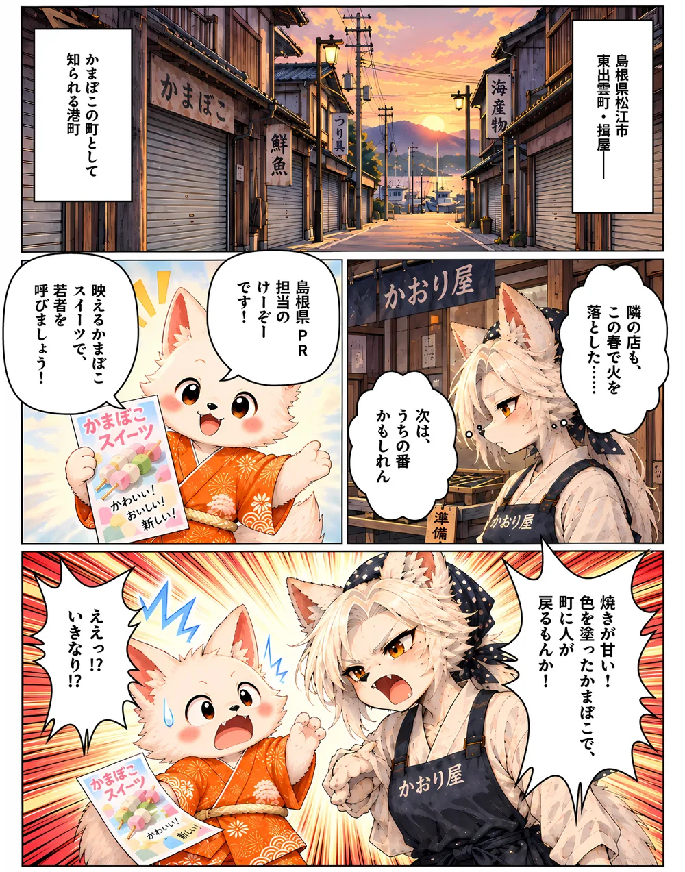 1ページ目。シャッターの続く夕方の揖屋。かまぼこスイーツを提案するけーぞーに、焼き手のかおりが「焼きが甘い！」と叱る。