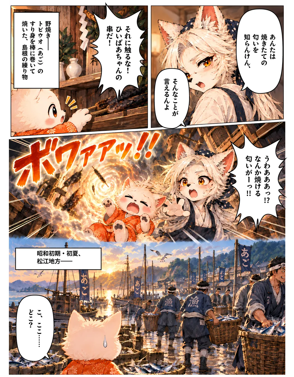 2ページ目。ひいばあちゃんの焼き串に触れたけーぞーとかおりが煙に包まれ、昭和初期の港へ飛ばされる。
