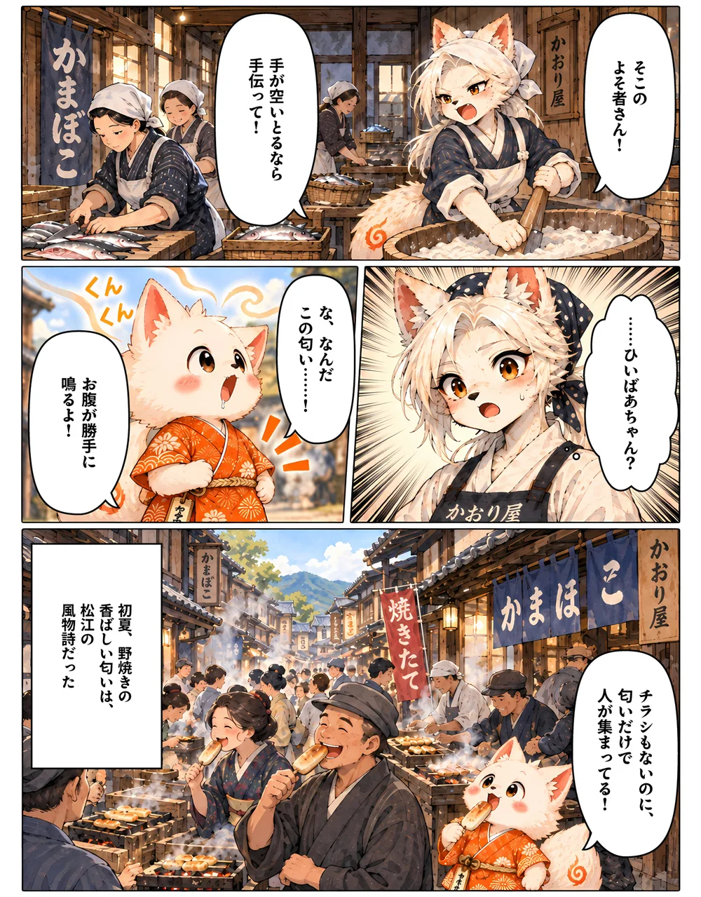 3ページ目。昭和の焼き場で若い焼き手のハマと出会い、野焼きの匂いに人が集まる通りを見る。