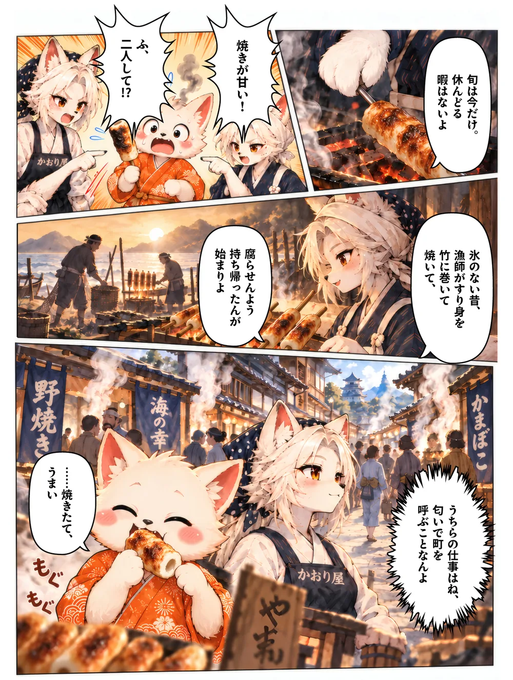4ページ目。ハマが野焼きの始まりを語り、「うちらの仕事はね、匂いで町を呼ぶことなんよ」と言う。けーぞーは焼きたてを頬張る。