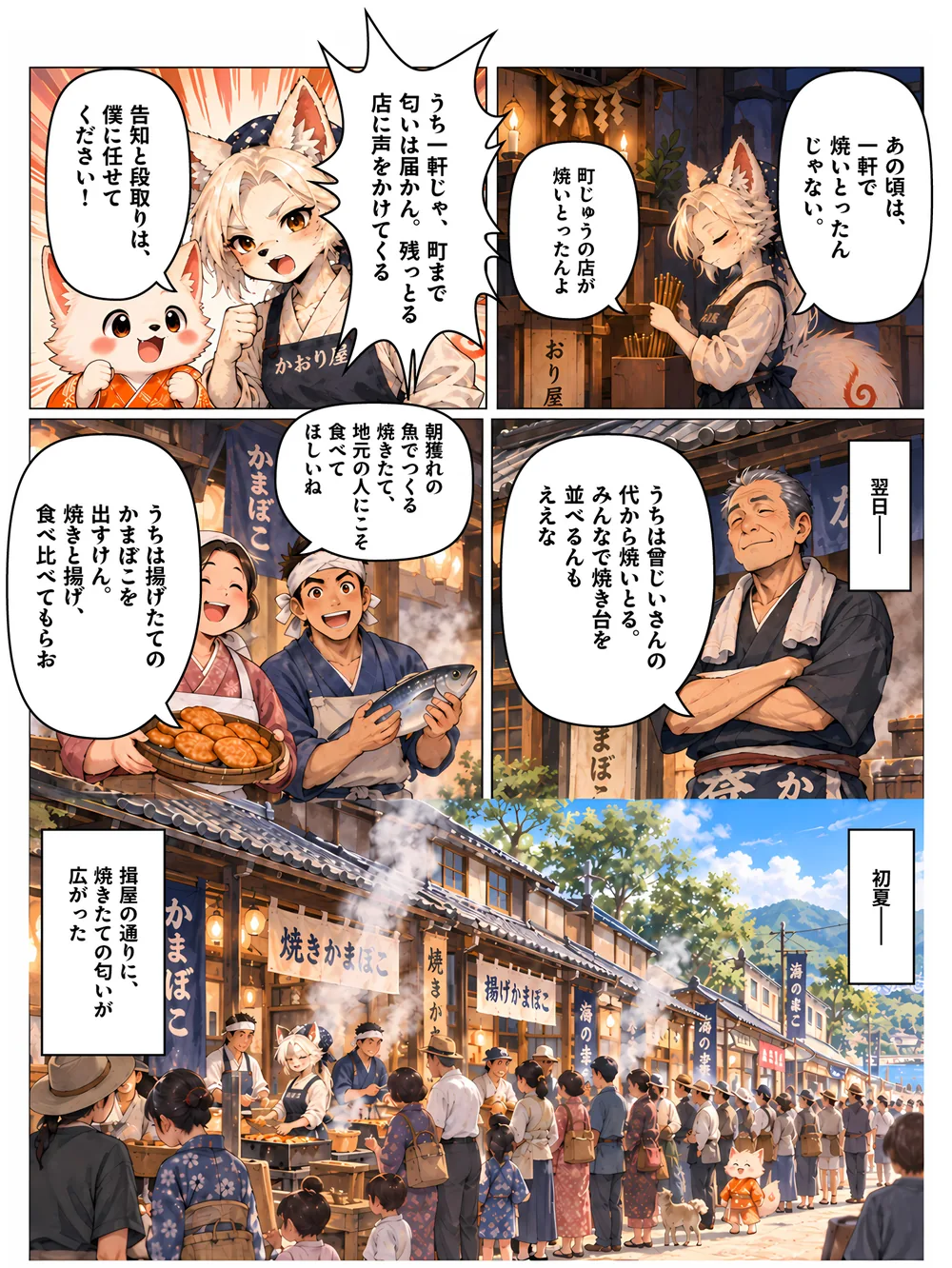5ページ目。現代に戻ったかおりが通りの店に声をかけ、初夏の揖屋の通りに焼きたての匂いが広がる。