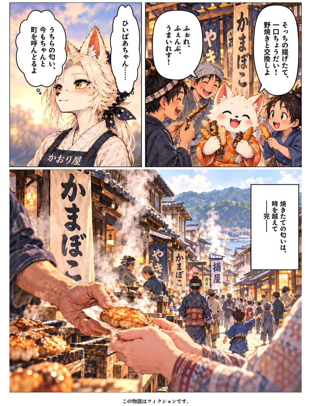 6ページ目。野焼きと揚げかまぼこを分け合う人々。焼きたてを手渡す場面で「焼きたての匂いは、時を越えて ——完——」。この物語はフィクションです。